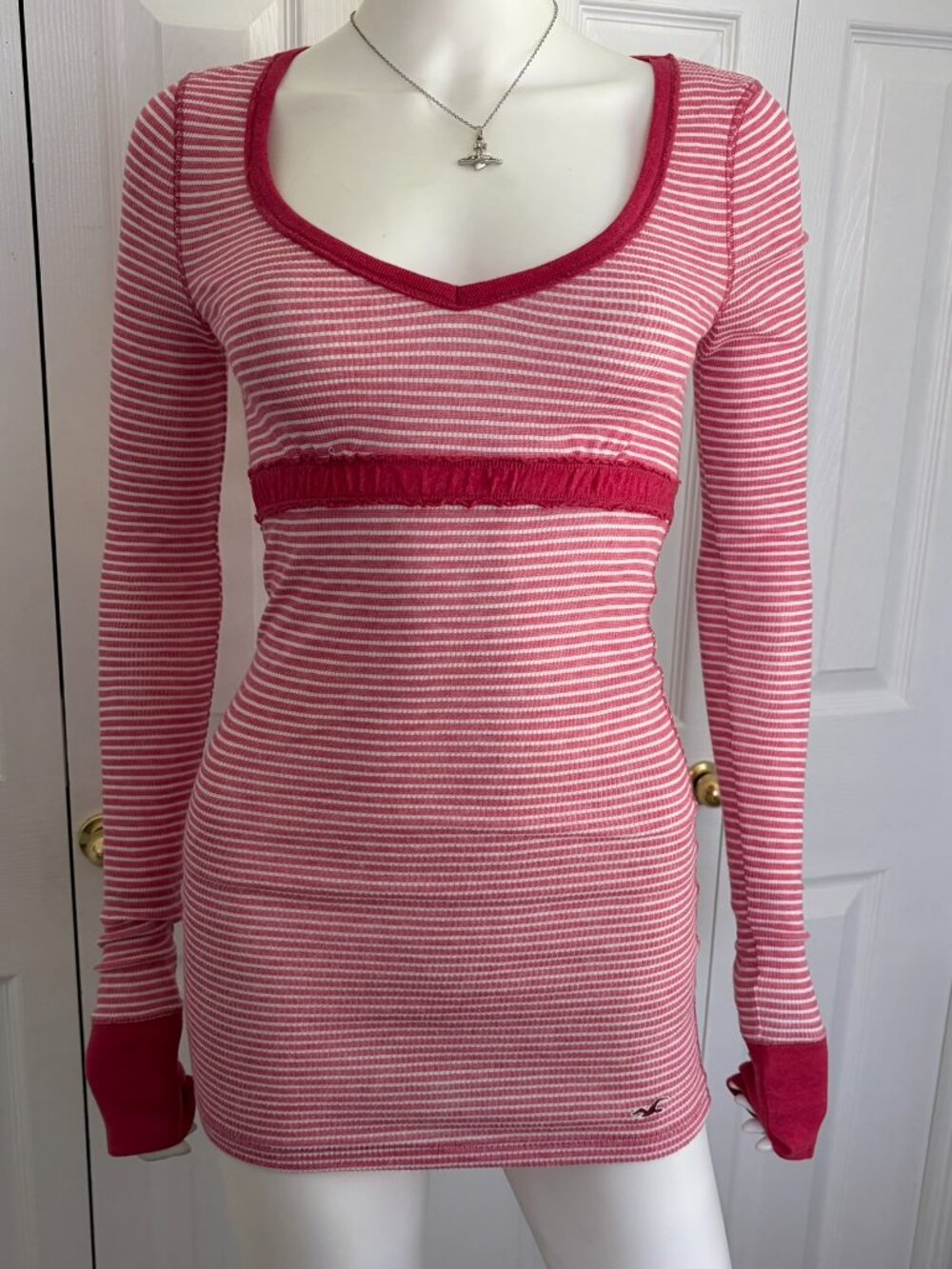 Hollister size medium pink and white striped long sleeve babydoll top y2k - Picture 2 of 11